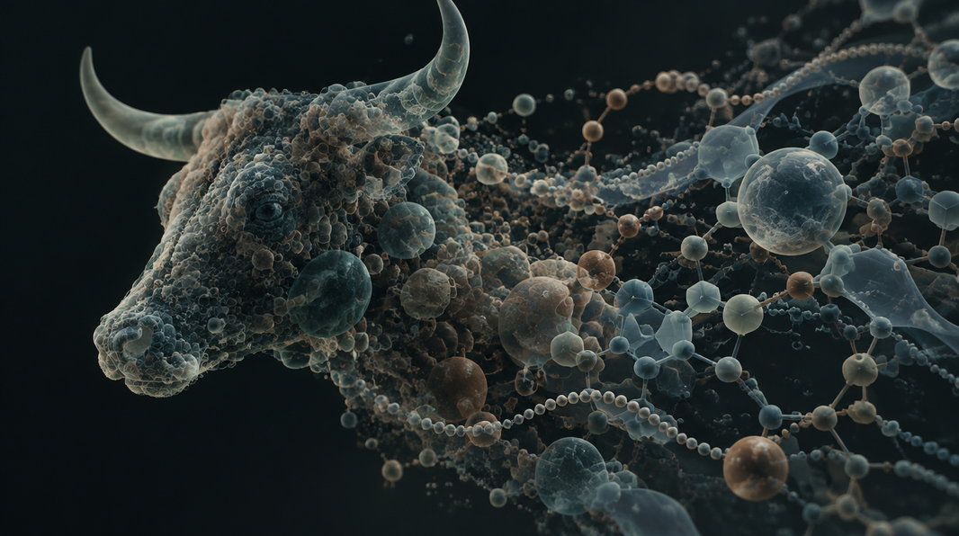 Abstract biotech render of translucent cellular structures dissolving from a bovine silhouette into molecular geometry, symbolizing xenofree exosome manufacturing